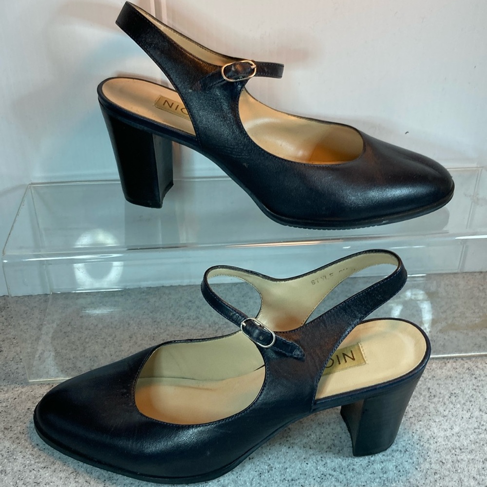 90’s Nicole‎ sling back black leather chunky heel size 6.5. Box 10